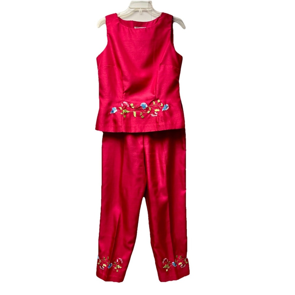 Dawn Joy Pant Set 9/10 Cranberry Red Vintage Floral Embroidered 2 Piece Set
